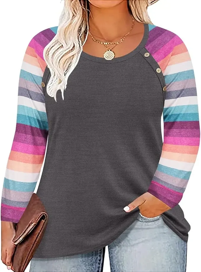 RITERA XXXXL Plus Size Long Sleeve Crewneck with color block style for curvy women